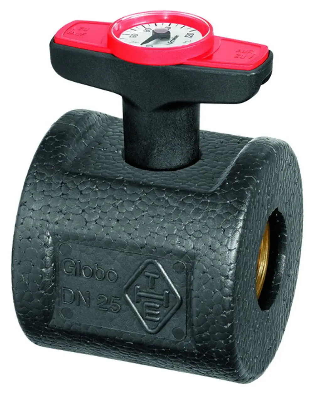 Wärmedämmschale mit Temperaturregler und Anschlussmöglichkeiten. Hergestellt von IMI Hydronic Engineering, geeignet für Heizungsanwendungen.